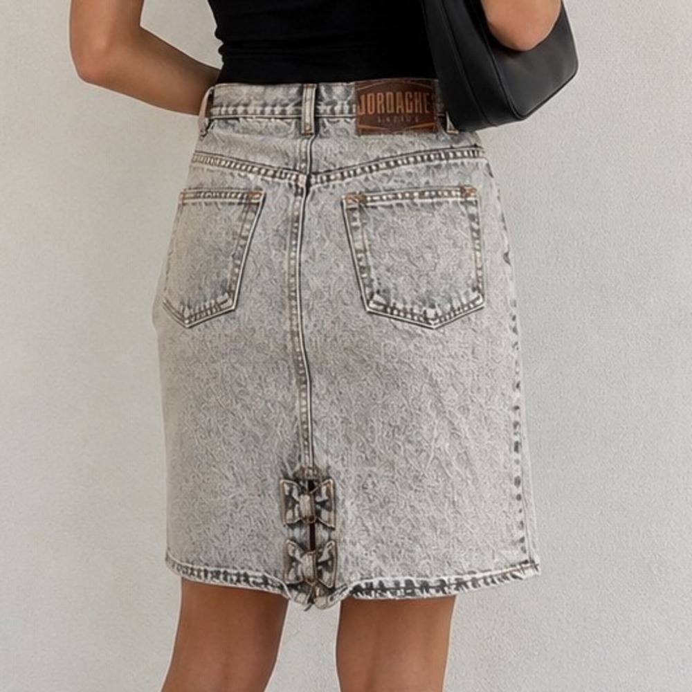 Vintage Jordache Acid Wash Denim Skirt High Waist Bow Back Gray Size 9/10